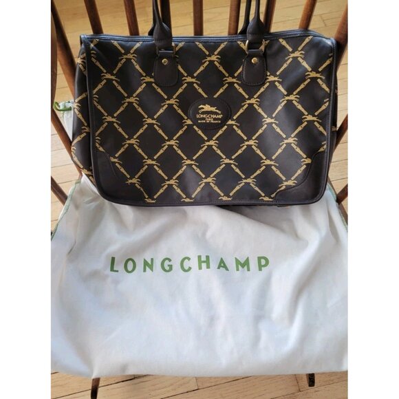 LONGCHAMP Horse Logo Boston Dark Brown Hand Tote Bag Vintage - Picture 2 of 14